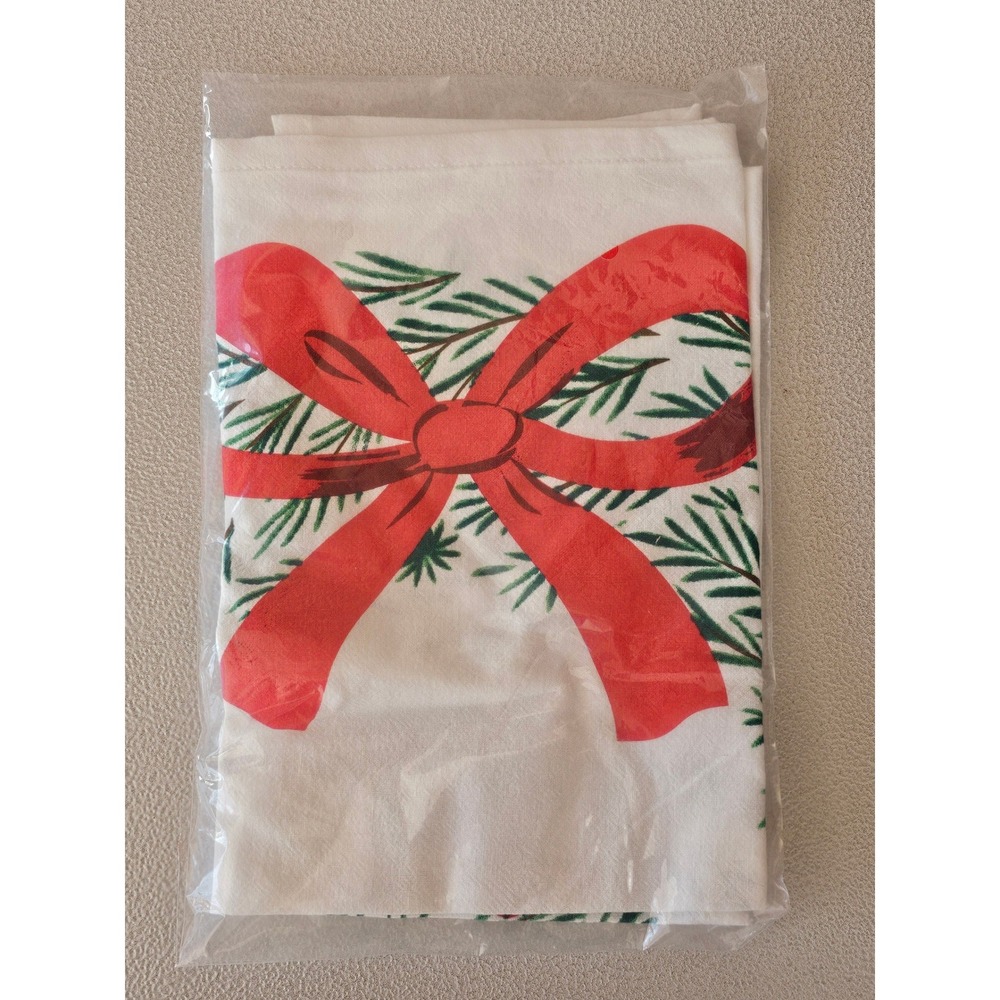 Christmas Tea Towel Bow Evergreen Berries Holiday Kitchen Decor White Vintage